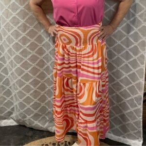 Grace & Emma Wide Elastic Waist Orange and pink Midi Skirt